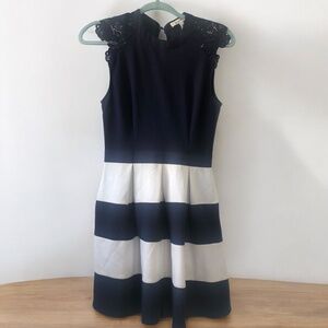Speechless Junior Medium Navy Blue White Striped Dress A-Line Crochet Sleeve